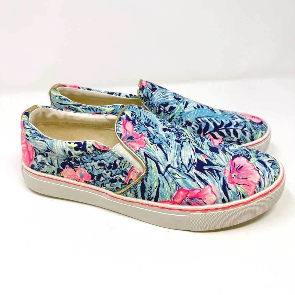 Lilly Pulitzer Womens 7.5 Floral Tropical Slip On Sneakers Blue Pink Gold 001293